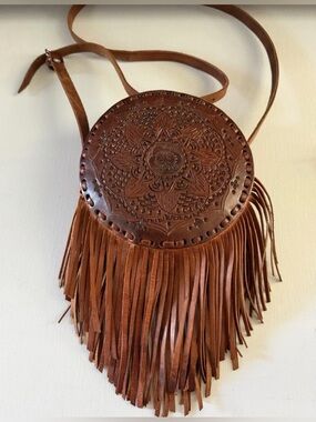 Vintage Hand-Tooled Leather Bag Round Crossbody w/ Tassel Fringe Brown Boho